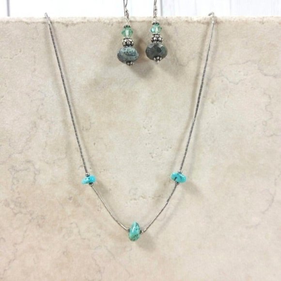 Silver Green Blue Jewelry Necklace Earrings Set Women Trinket Jewelry Gift VTG - Picture 3 of 11